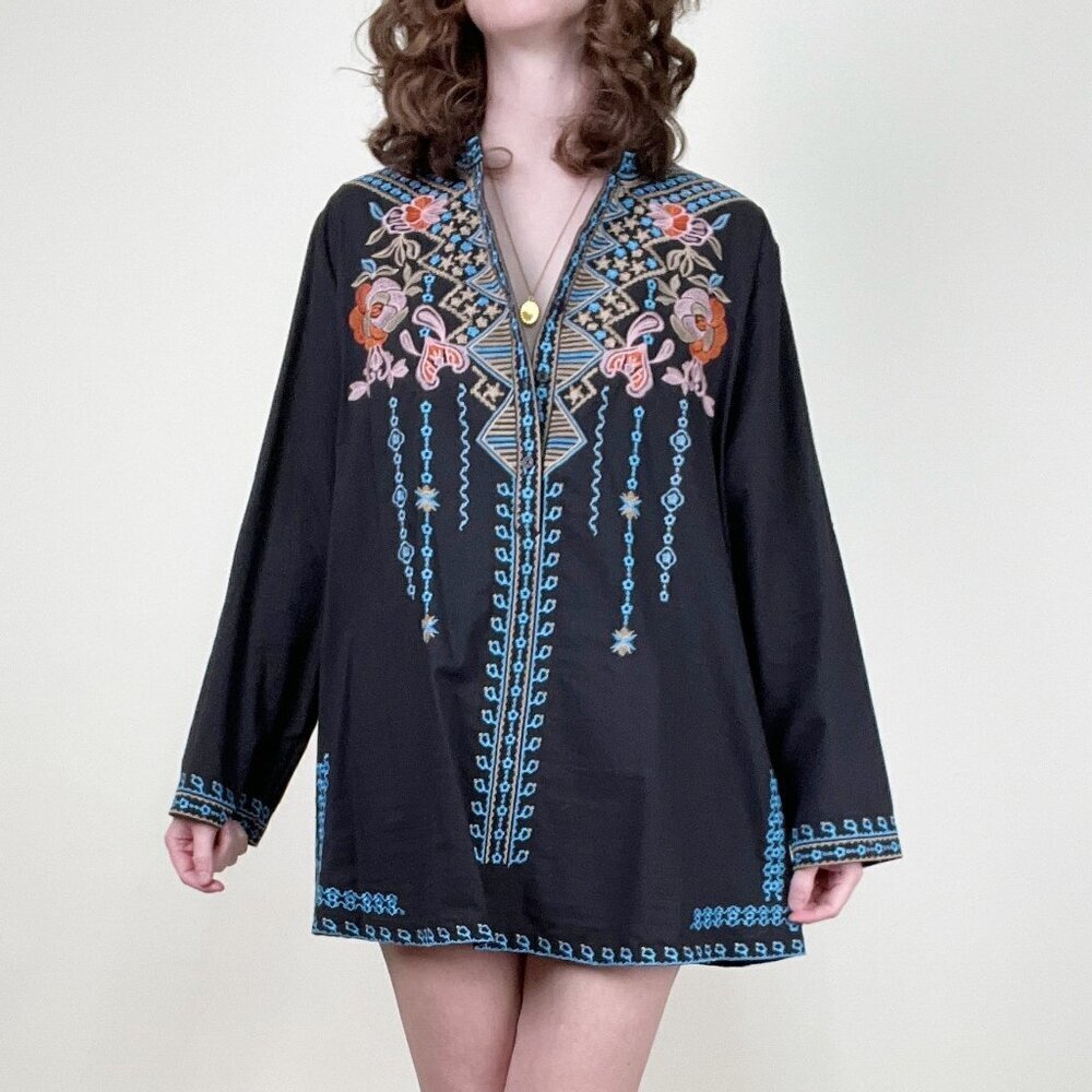 Vintage Embroidered Floral Tunic Top Mini Dress Swim Cover Up Beach Boho Cowgirl